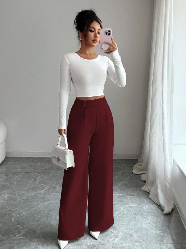 High-Waist Straight-Leg Pants | Women's Solid Color Button Detail Full Length
