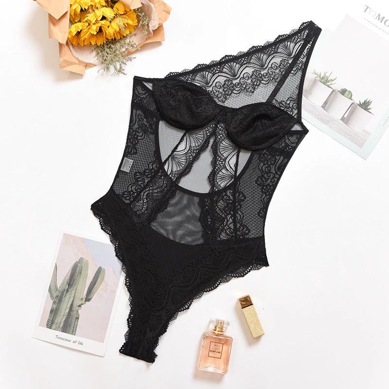 The Noir Poise One-Shoulder Lace Bodysuit
