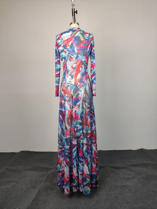 Brushstroke Abstract Print Button-Front A-Line Maxi Dress