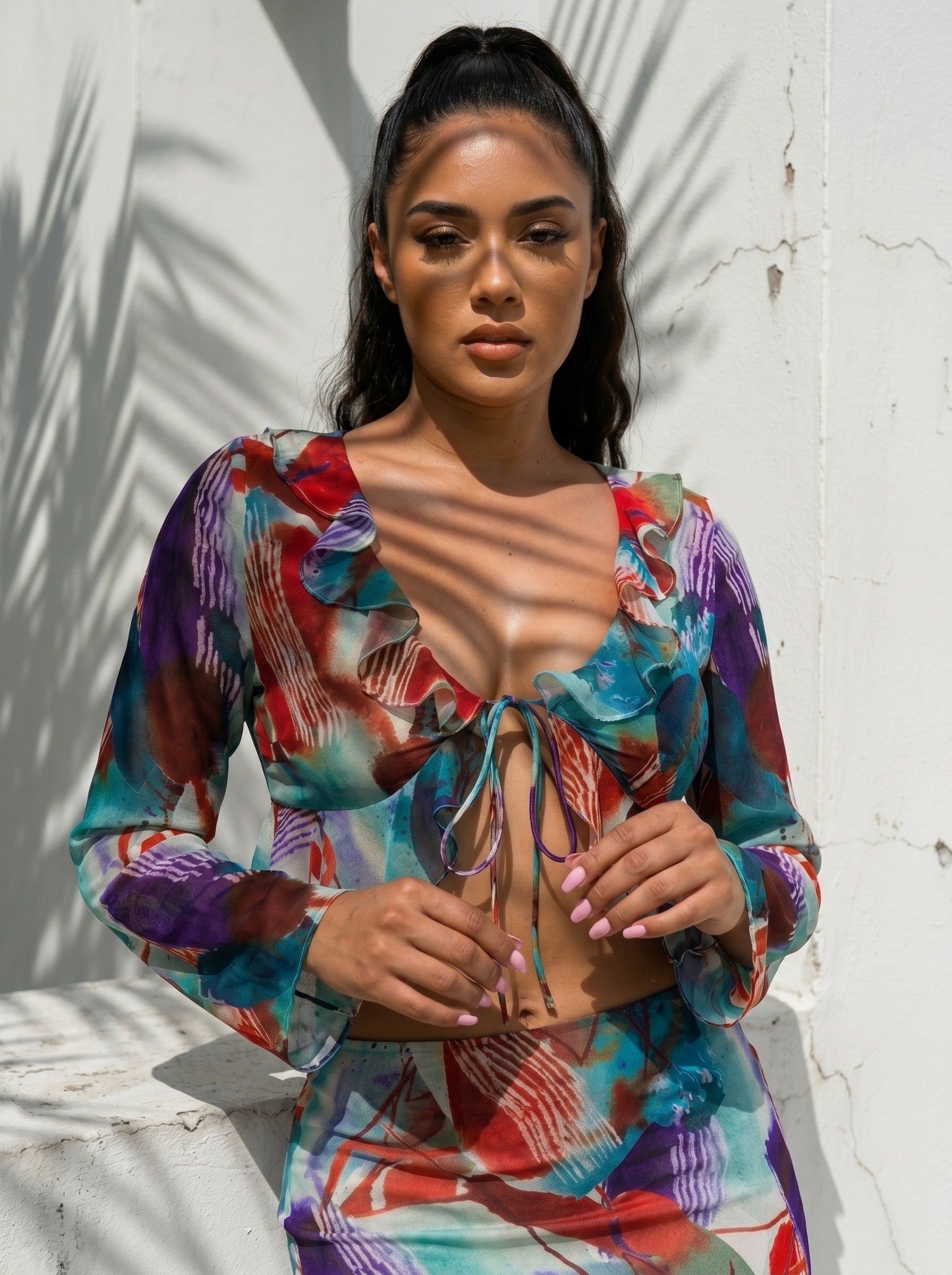 Abstract Print Ruffle Tie-Front Crop Top & Mini Skirt Set