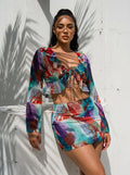 Abstract Print Ruffle Tie-Front Crop Top & Mini Skirt Set