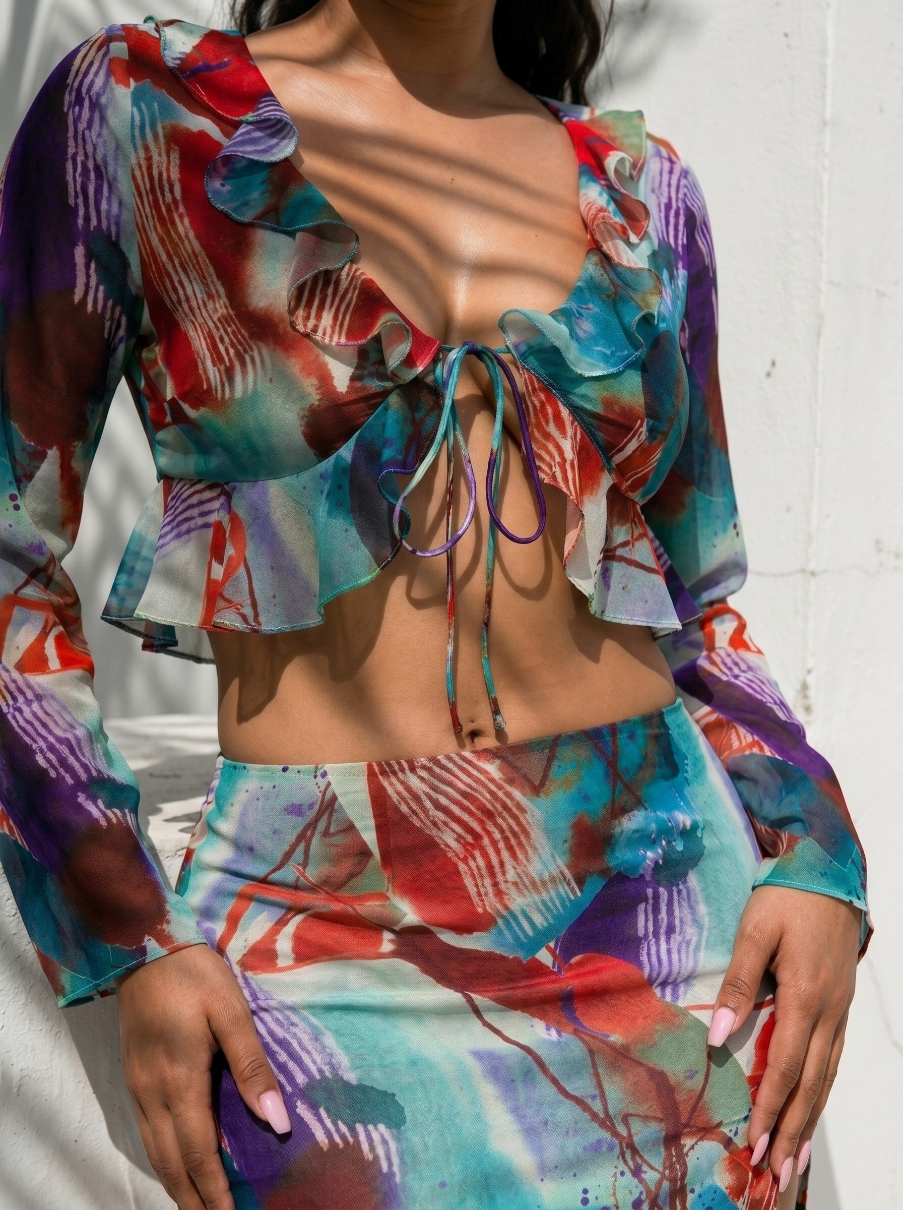 Abstract Print Ruffle Tie-Front Crop Top & Mini Skirt Set
