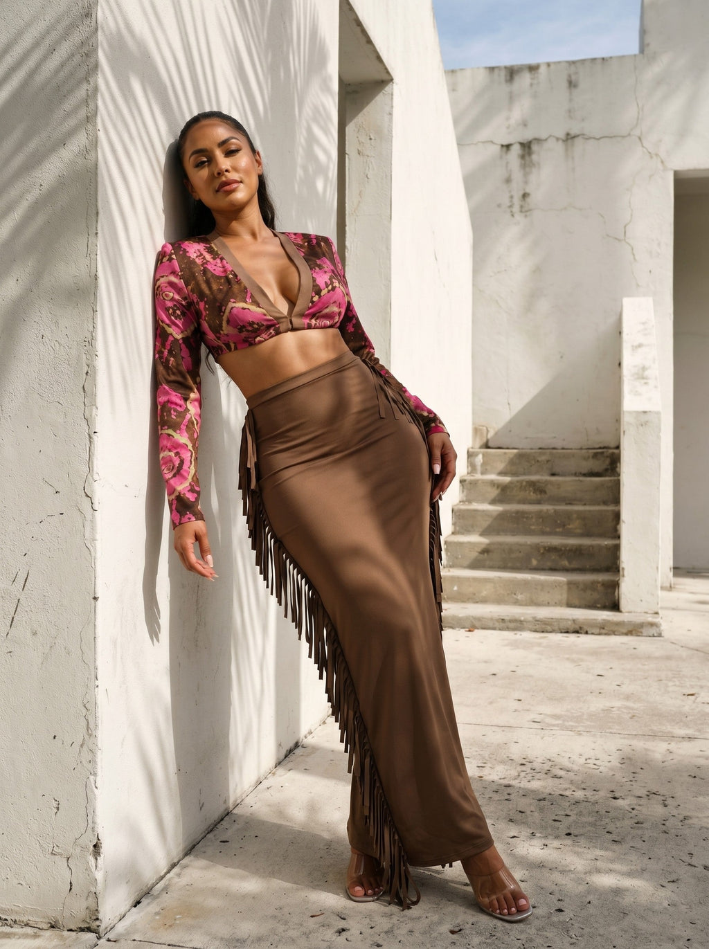 Floral Print Deep-V Crop Top & Suede Fringe Maxi Skirt Set