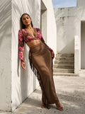 Floral Print Deep-V Crop Top & Suede Fringe Maxi Skirt Set