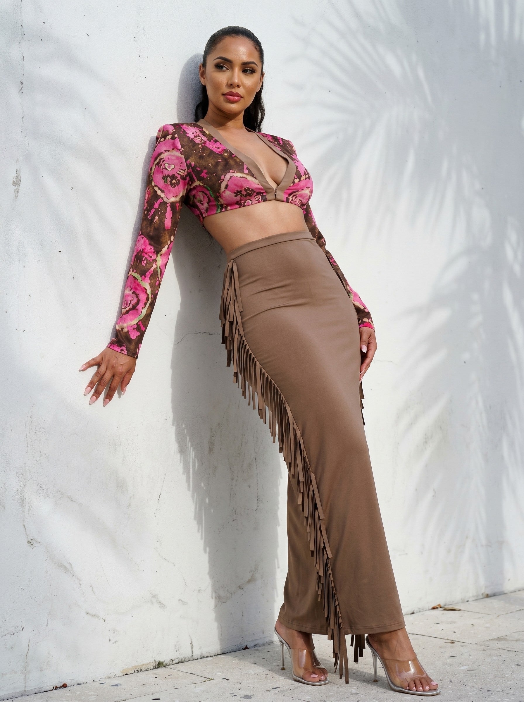 Floral Print Deep-V Crop Top & Suede Fringe Maxi Skirt Set
