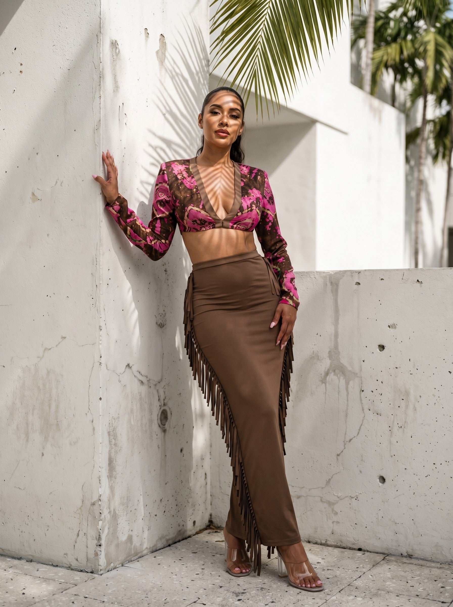 Floral Print Deep-V Crop Top & Suede Fringe Maxi Skirt Set