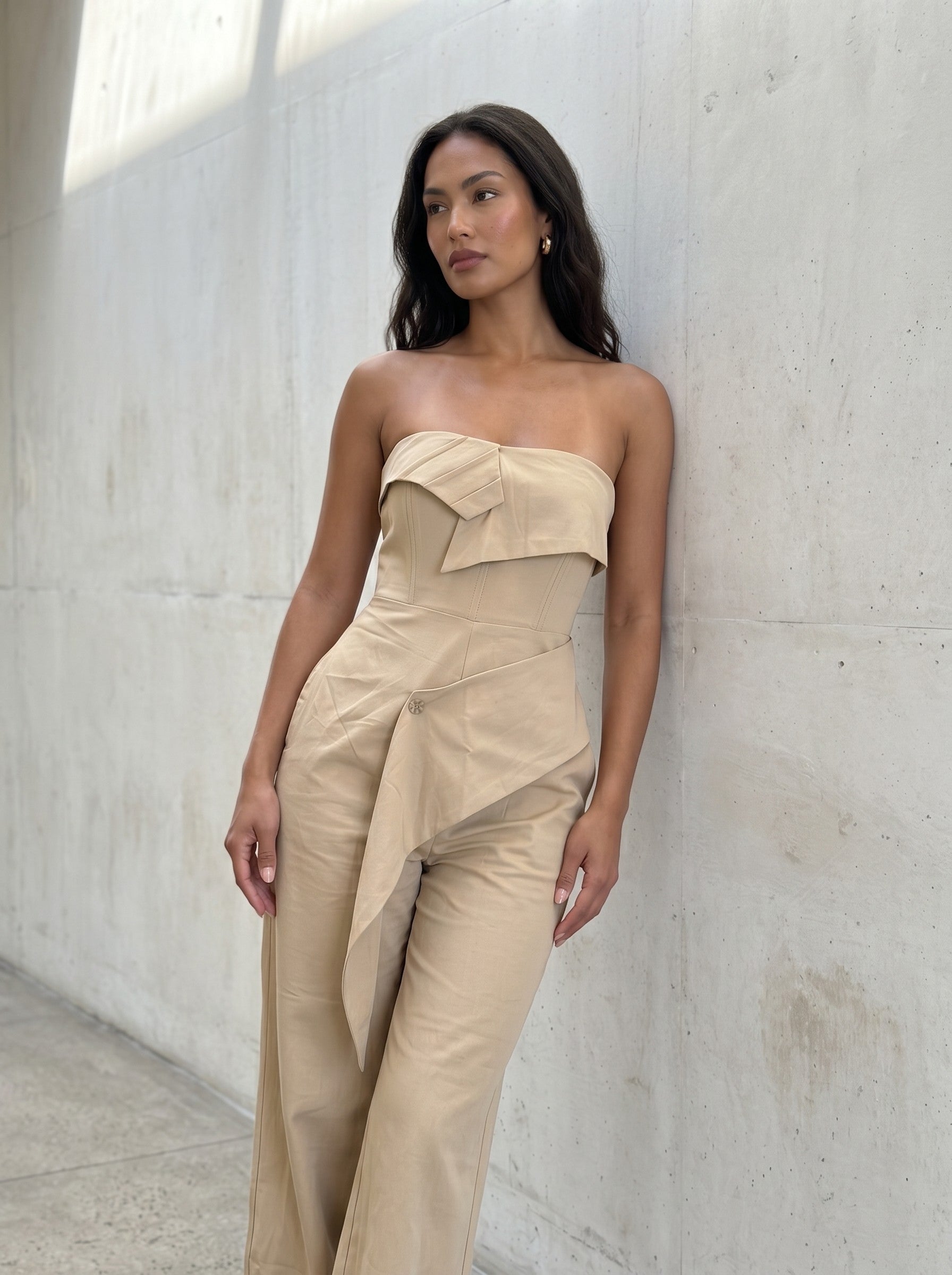 Tailored Strapless Corset Wide-Leg Jumpsuit with Asymmetric Peplum – Camel