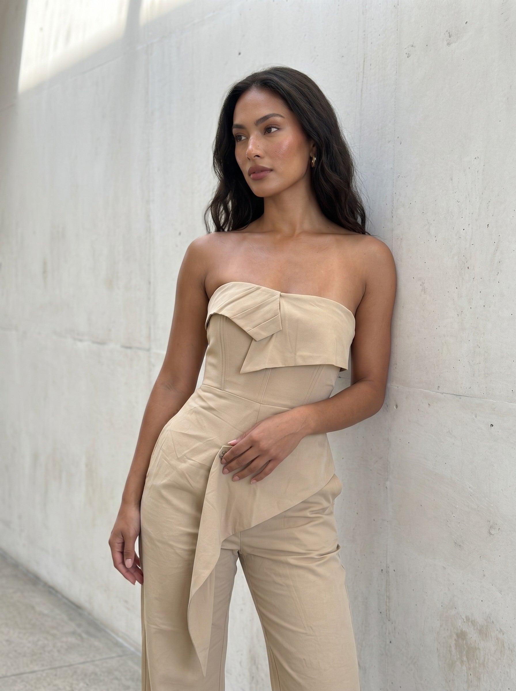 Tailored Strapless Corset Wide-Leg Jumpsuit with Asymmetric Peplum – Camel
