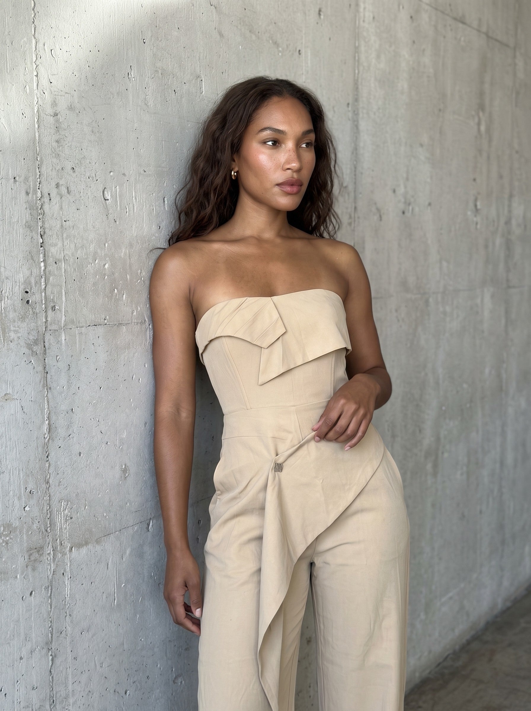 Tailored Strapless Corset Wide-Leg Jumpsuit with Asymmetric Peplum – Camel
