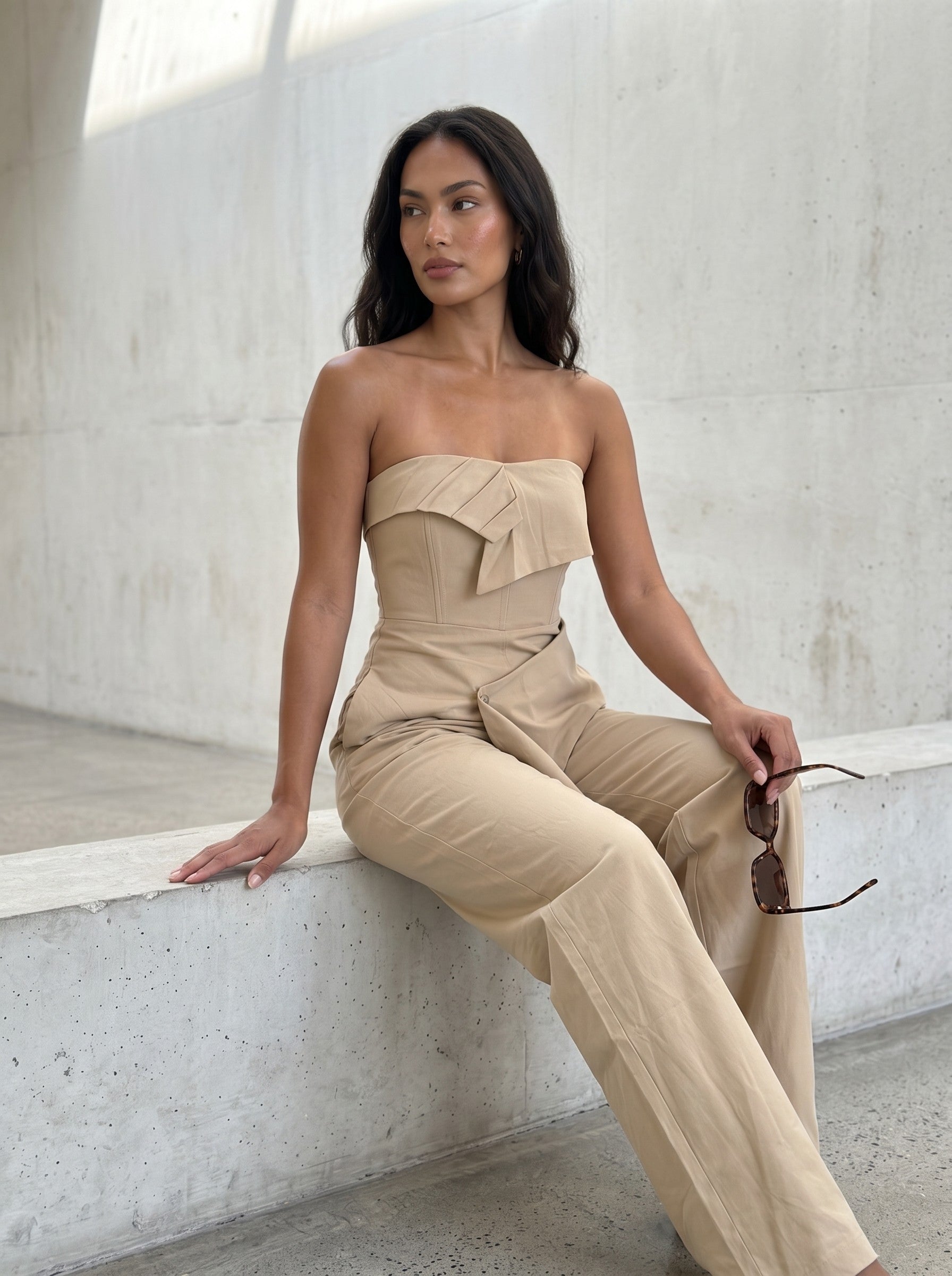Tailored Strapless Corset Wide-Leg Jumpsuit with Asymmetric Peplum – Camel