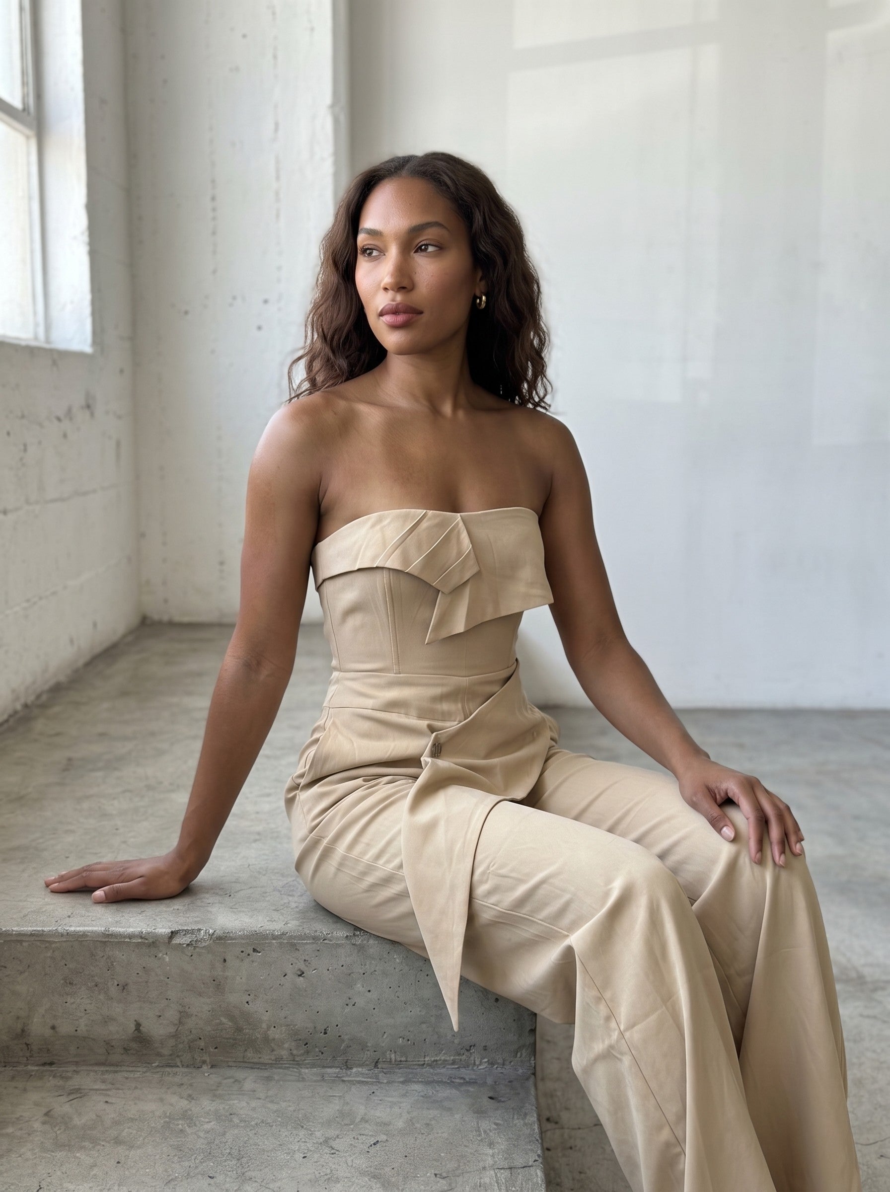 Tailored Strapless Corset Wide-Leg Jumpsuit with Asymmetric Peplum – Camel