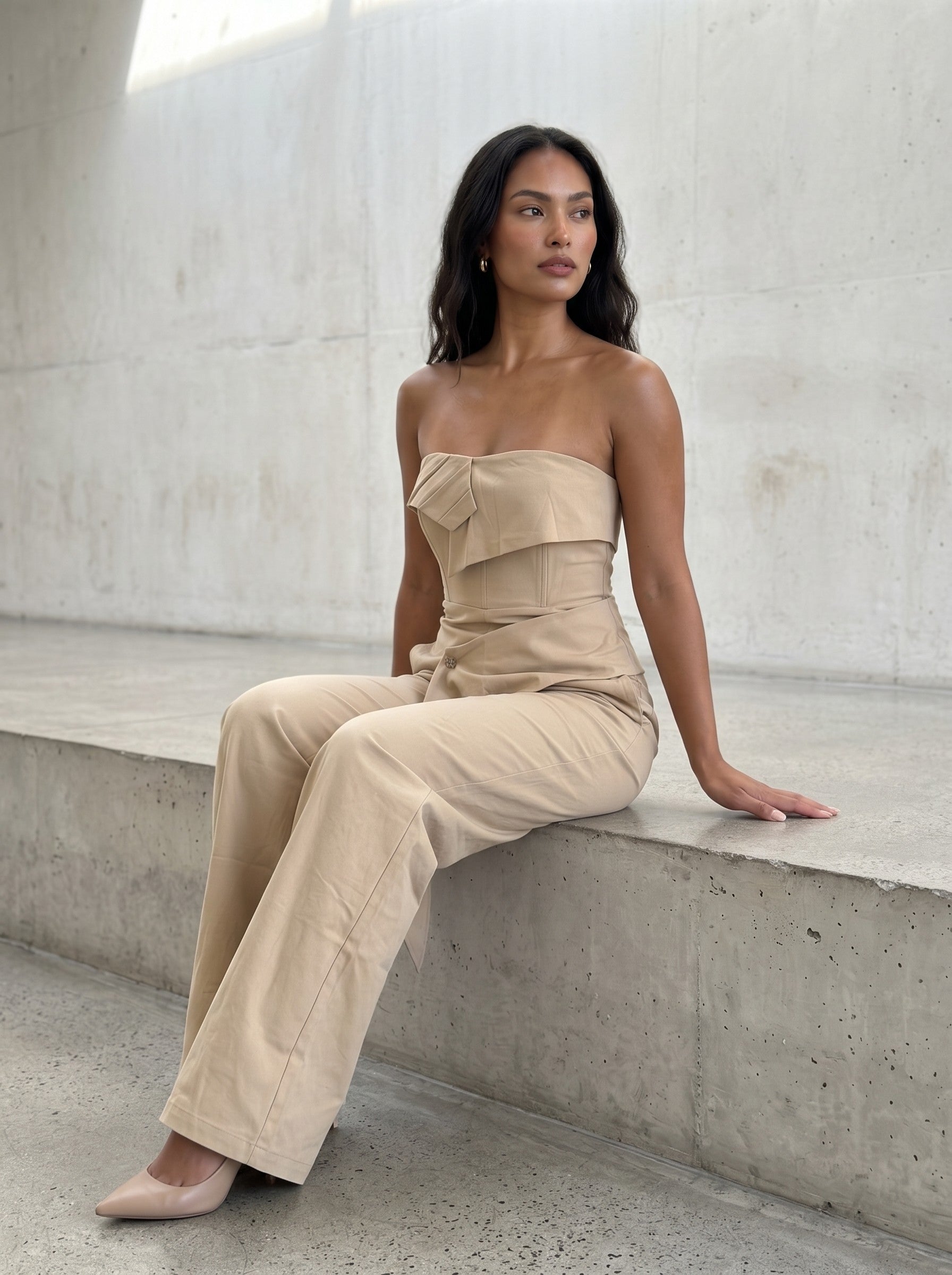 Tailored Strapless Corset Wide-Leg Jumpsuit with Asymmetric Peplum – Camel