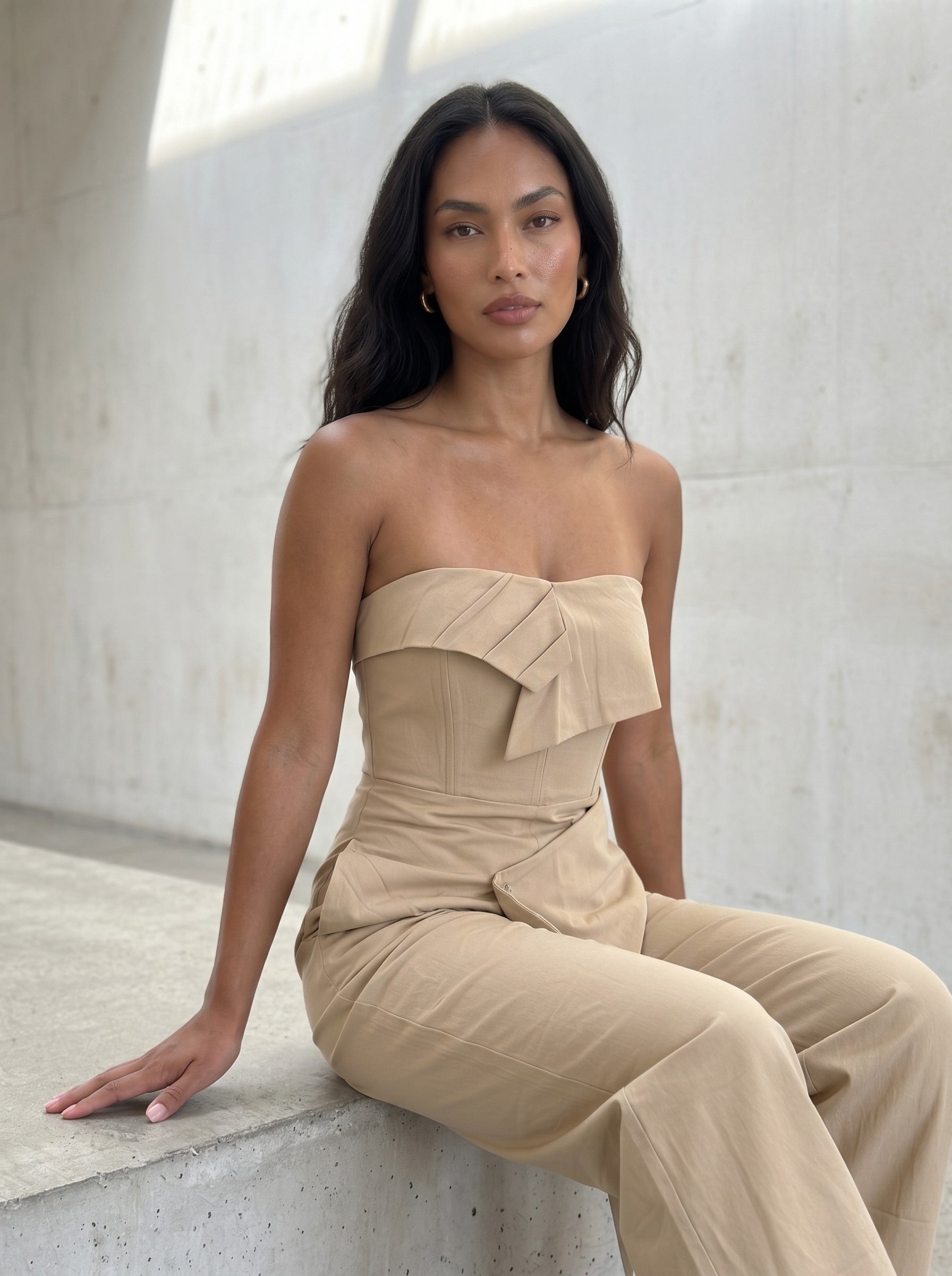 Tailored Strapless Corset Wide-Leg Jumpsuit with Asymmetric Peplum – Camel