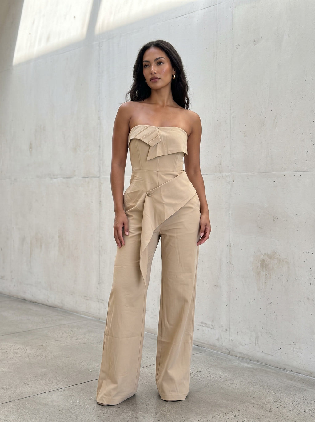 Tailored Strapless Corset Wide-Leg Jumpsuit with Asymmetric Peplum – Camel
