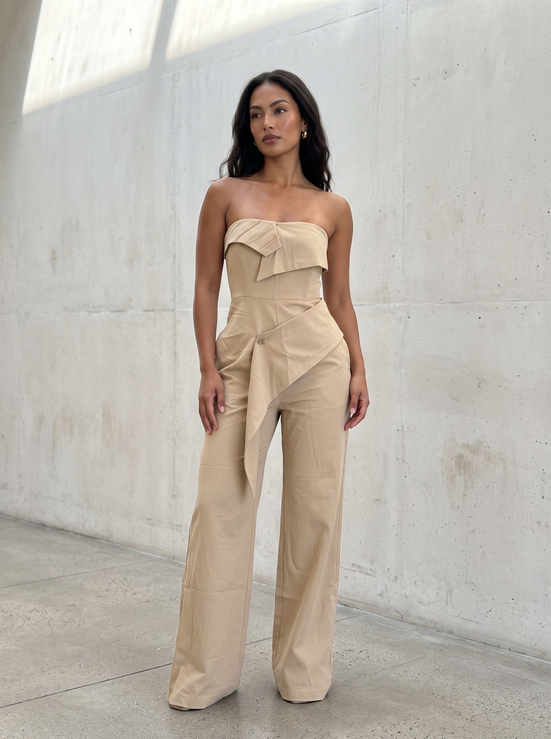 Tailored Strapless Corset Wide-Leg Jumpsuit with Asymmetric Peplum – Camel