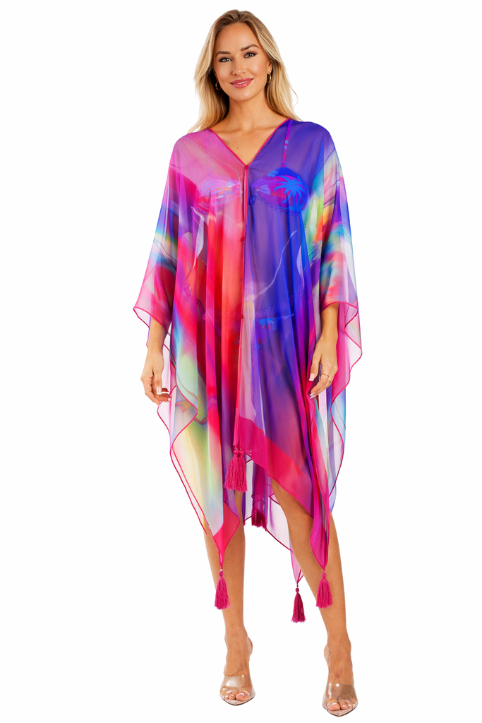 La Moda Resort Luxury Tropical Beach Poncho 3-Way Wear- Pink/Coral/Yellow