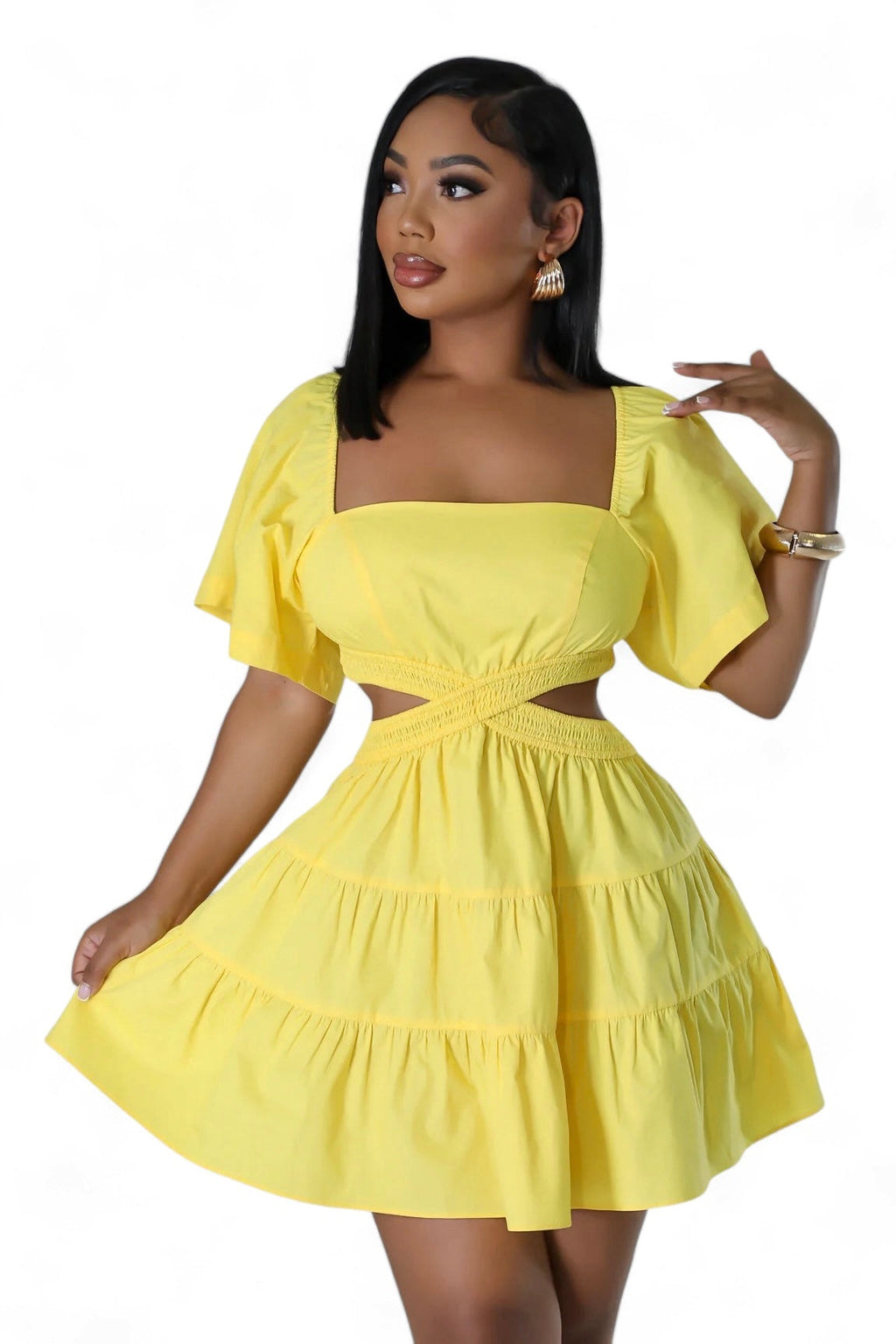 Flutter Sleeve Cutout Tiered Mini Dress