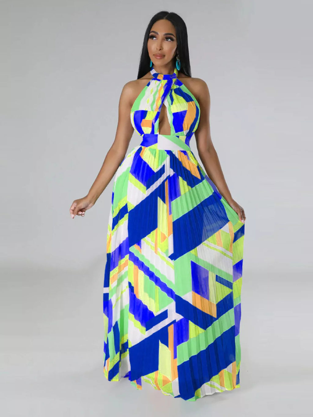 The Halter Geometric Pleated Maxi Dress