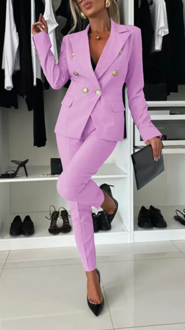 Double-Breasted Lapel Blazer & Zip-Up Trousers Suit | Women's Two-Piece Commute Set