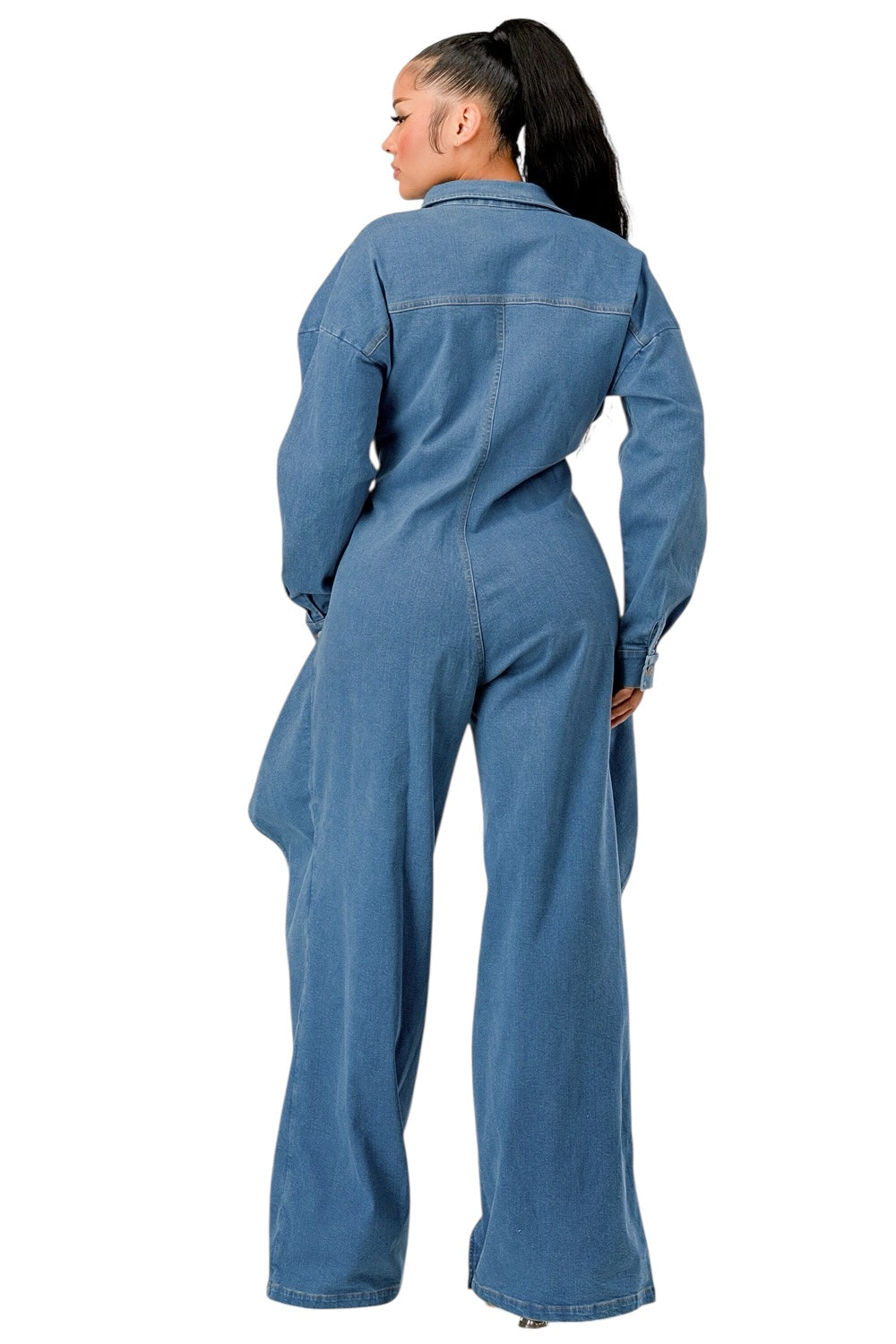 Draped Denim Wide-Leg Jumpsuit