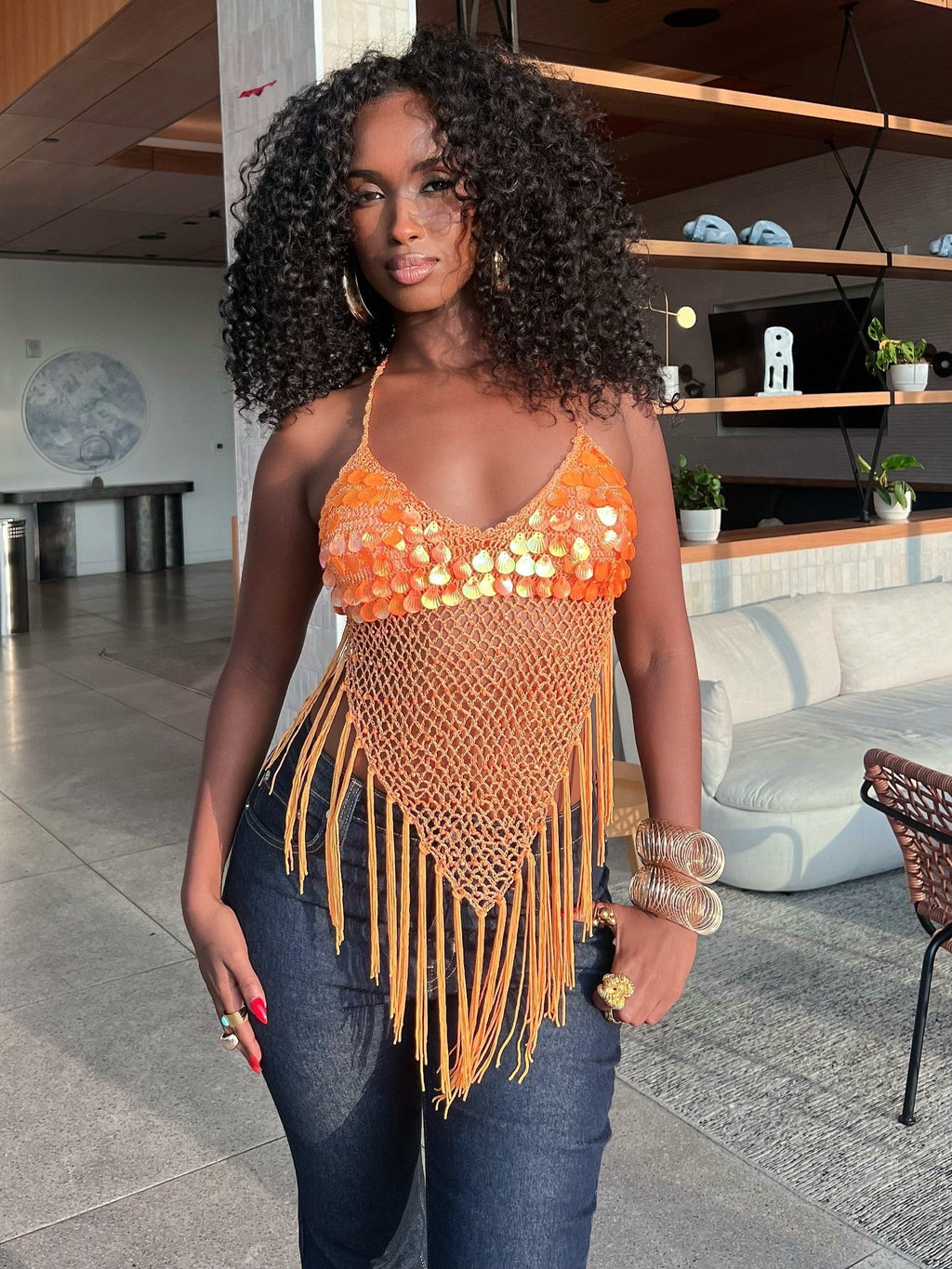 Sequin Disc Halter Crochet Fringe Crop Top