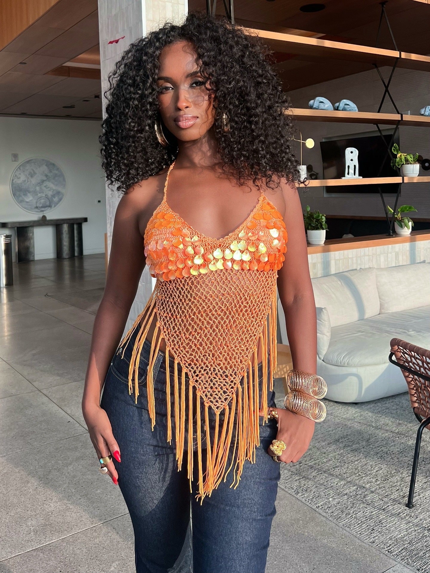 Sequin Disc Halter Crochet Fringe Crop Top