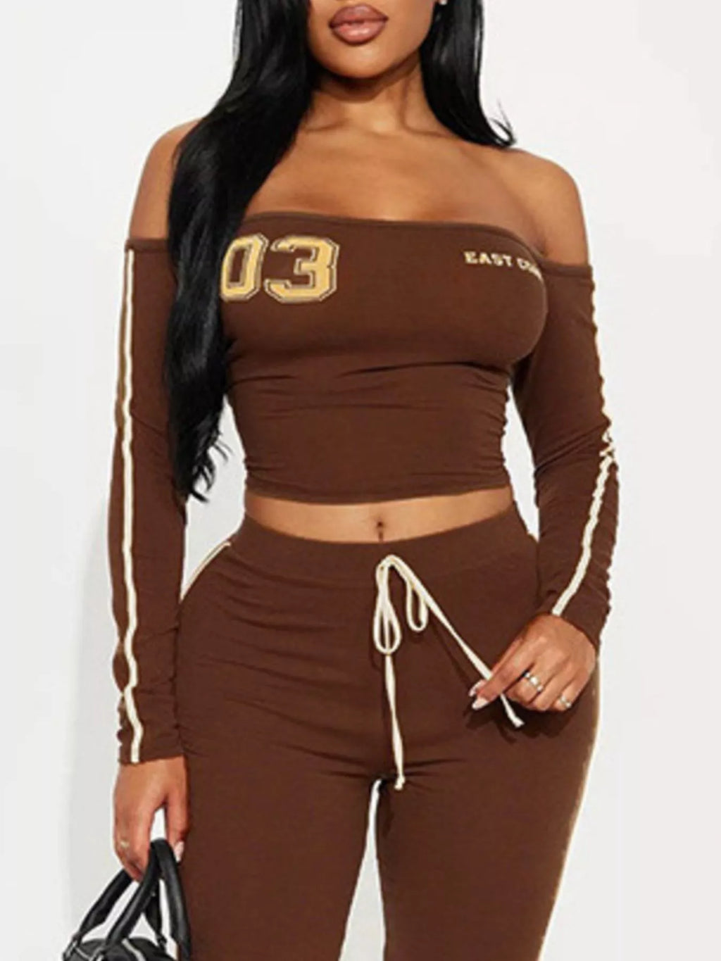 The Mocha Varsity Off-Shoulder Flare Pants Set