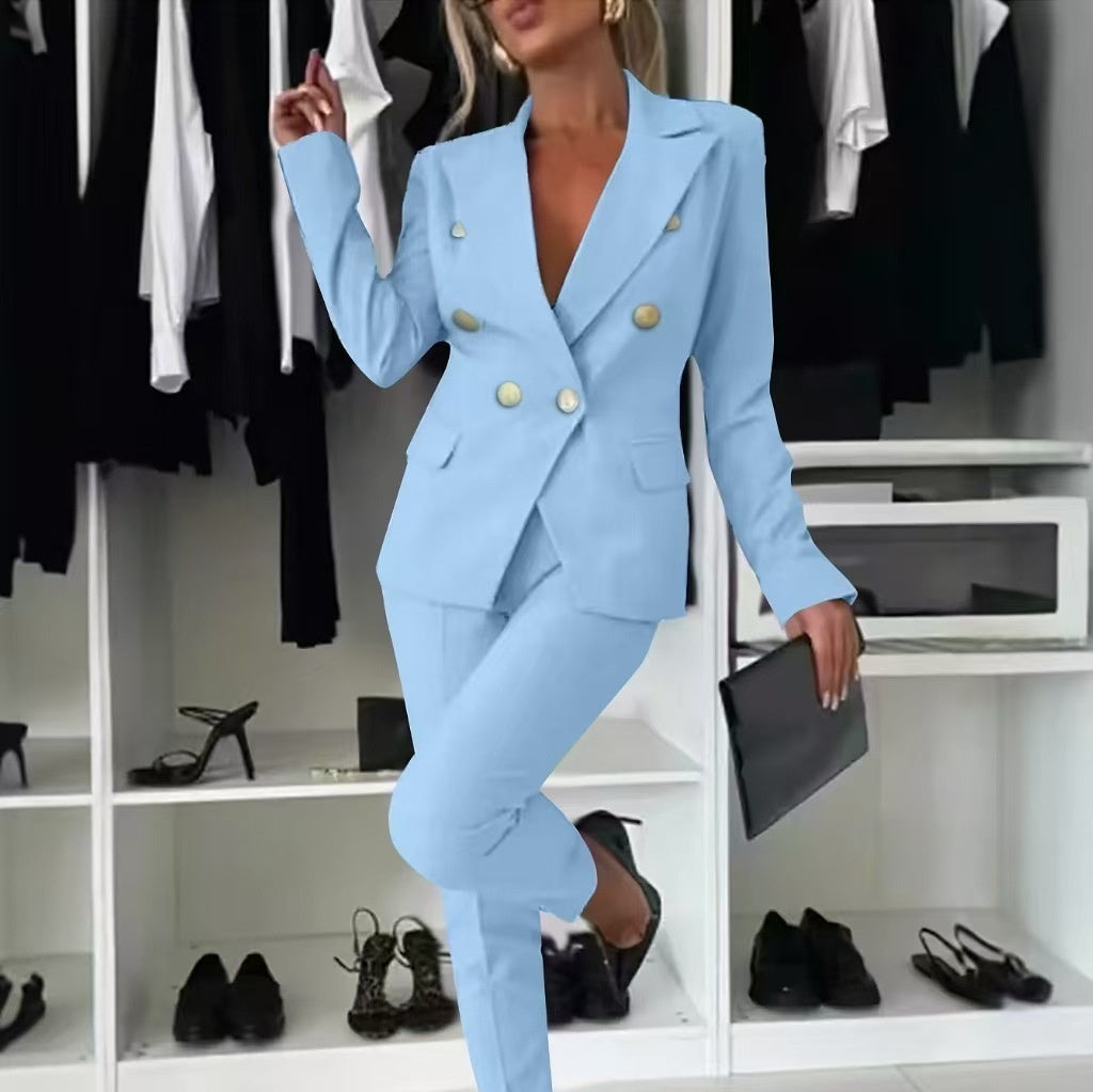 Double-Breasted Lapel Blazer & Zip-Up Trousers Suit | Women's Two-Piece Commute Set