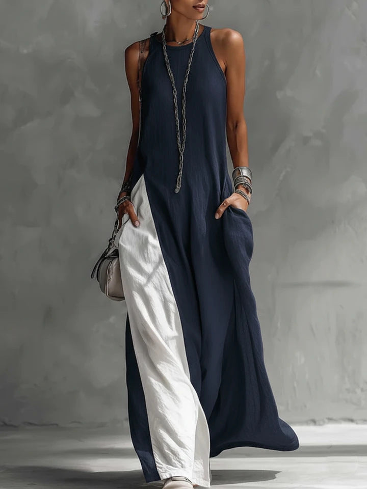 Color Block Sleeveless Maxi Dress | Crew Neck Pockets Side Slit Loose
