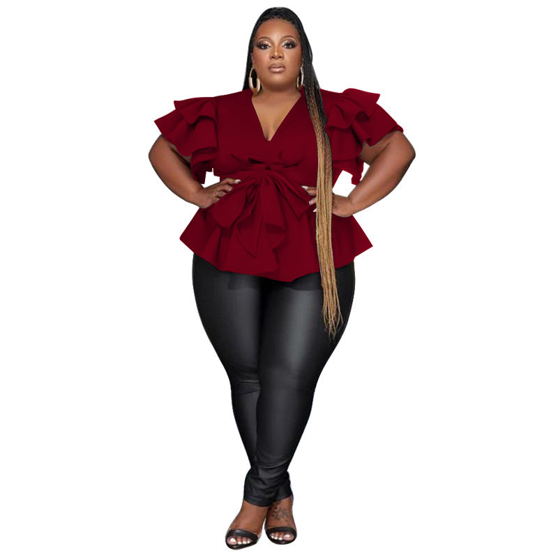 V-Neck Tiered Ruffle Sleeve Tie-Waist Peplum Blouse | Plus Size L–4XL