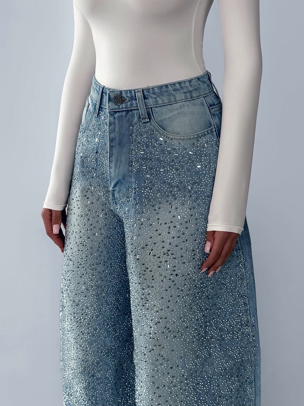 Crystal Rhinestone Embellished Wide-Leg Baggy Jeans