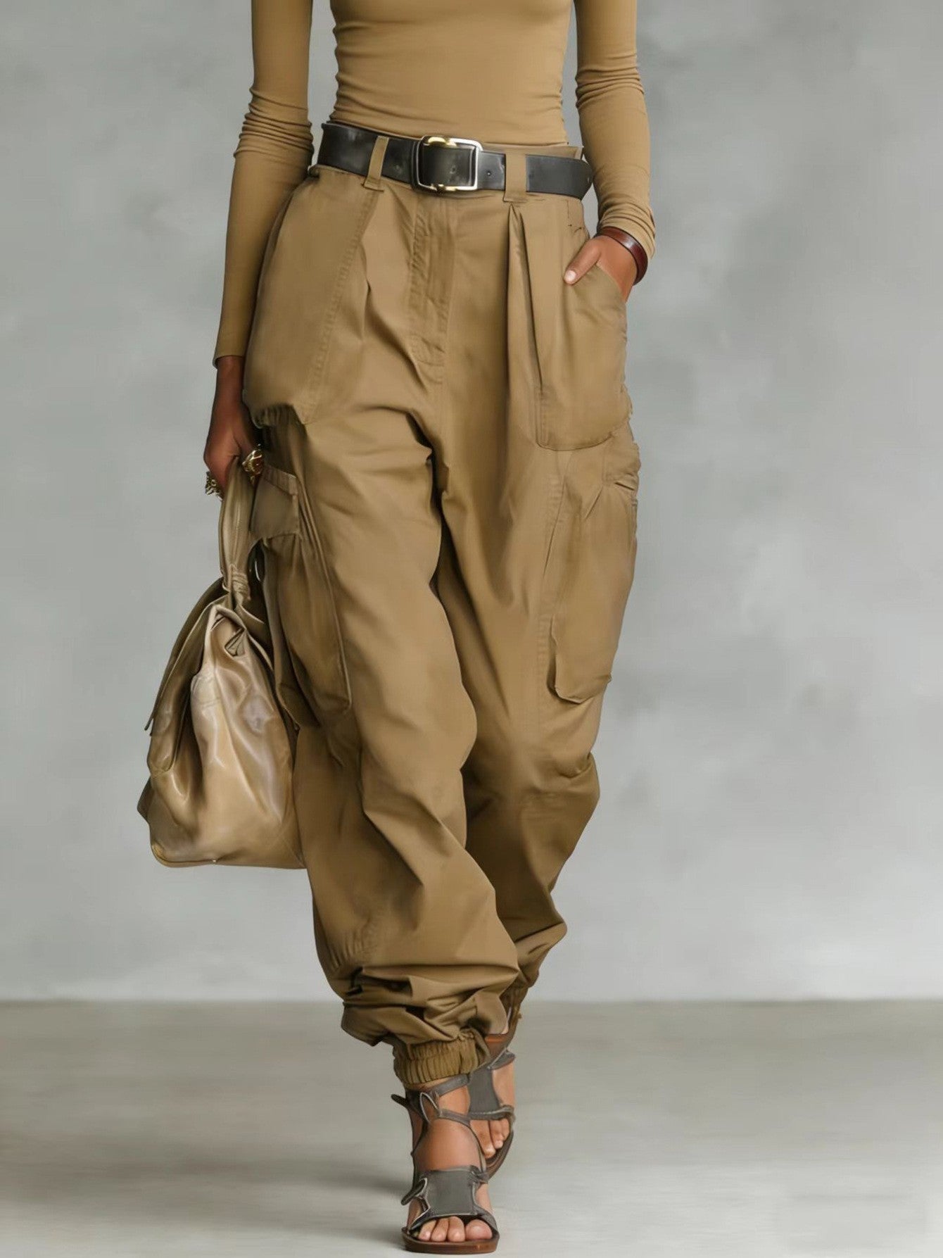 High-Waist Cargo Jogger Pants | Balloon Fit Side Pockets Gathered Ankle