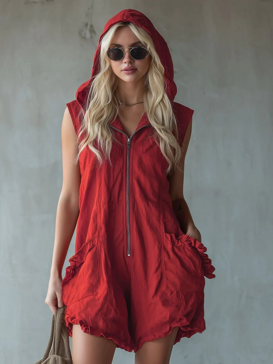 Hooded Zip-Up Cropped Jumpsuit | Women's Sleeveless Retro Cotton-Linen One-Piece