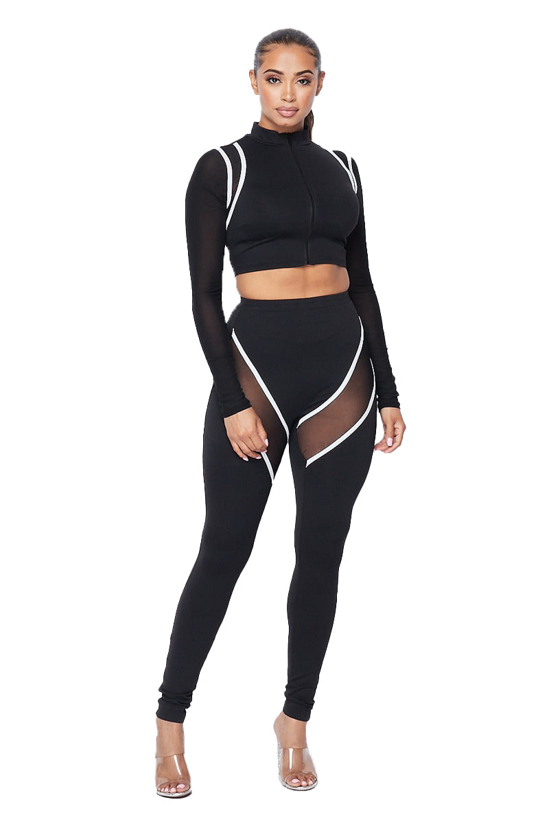 Mesh Sleeve Zip Crop Jacket & Mesh Panel Legging Set