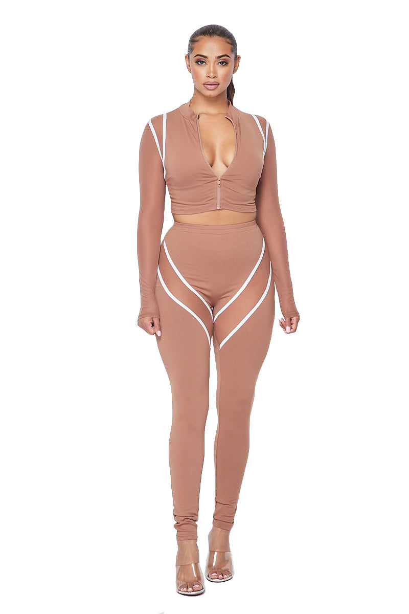 Mesh Sleeve Zip Crop Jacket & Mesh Panel Legging Set
