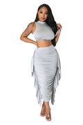 Mock Neck Crop Top & Ruched Fringe Midi Skirt Set
