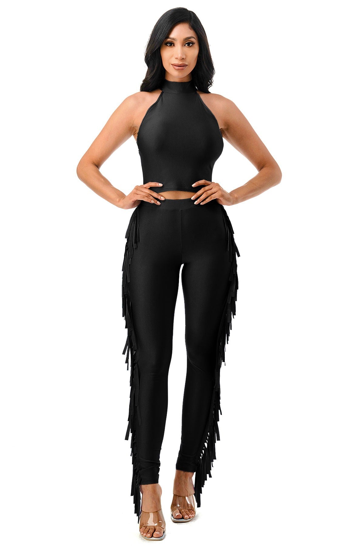 Mock Neck Halter Crop Top & Side Fringe Pants Set