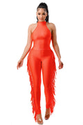 Mock Neck Halter Crop Top & Side Fringe Pants Set