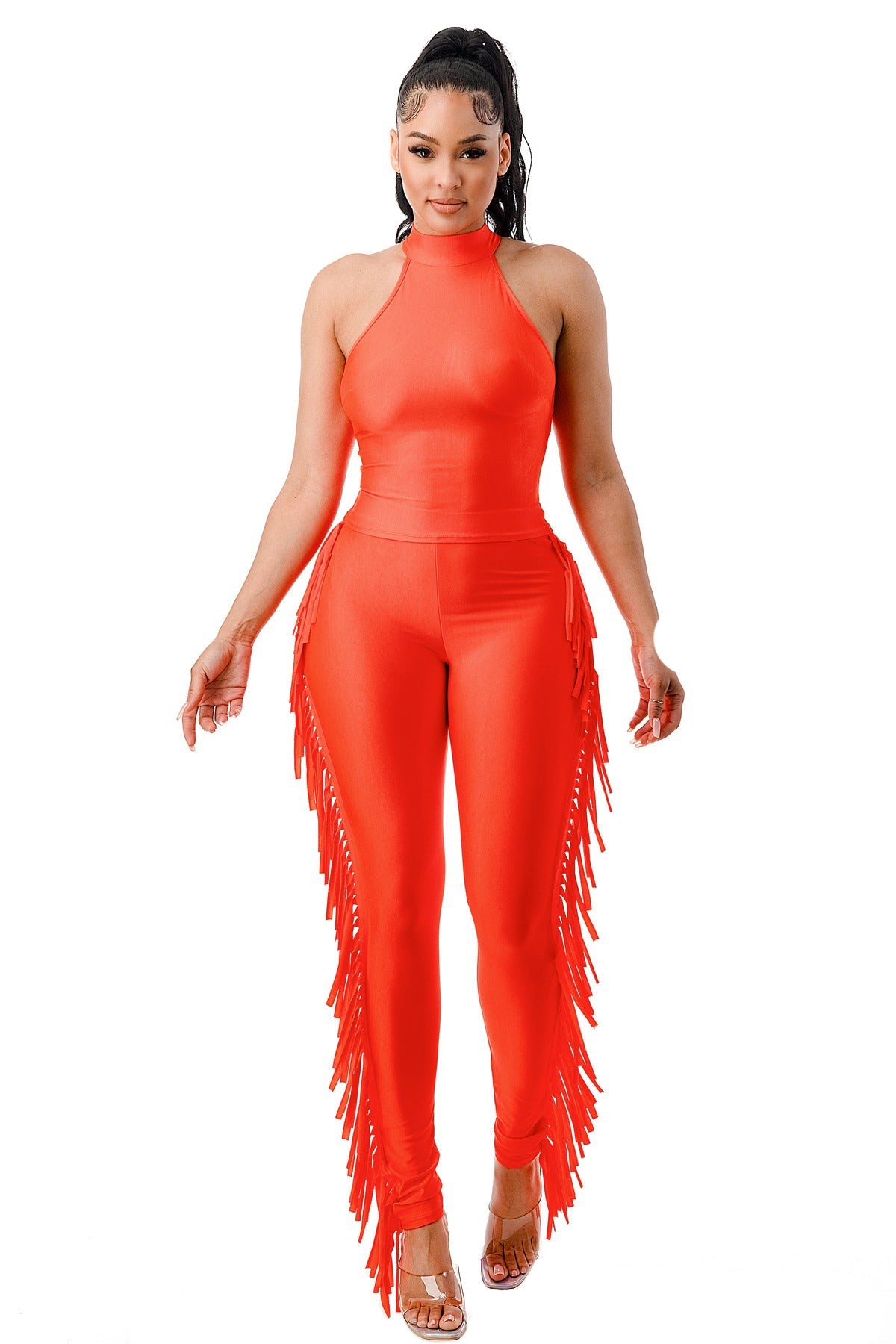 Mock Neck Halter Crop Top & Side Fringe Pants Set