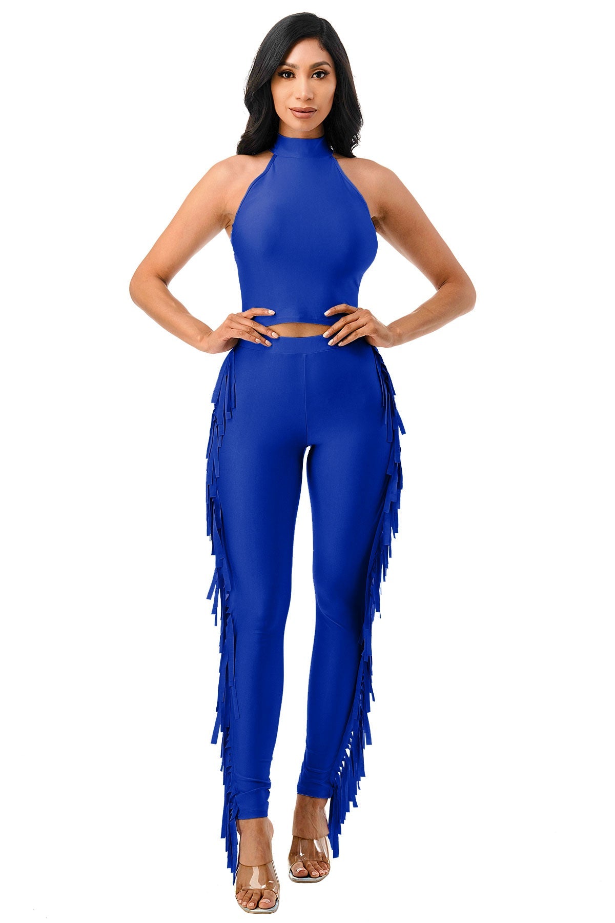 Mock Neck Halter Crop Top & Side Fringe Pants Set