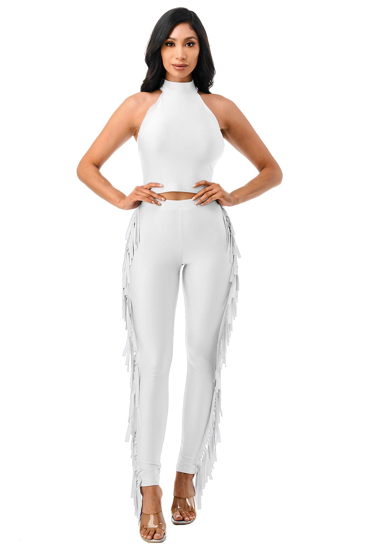 Mock Neck Halter Crop Top & Side Fringe Pants Set