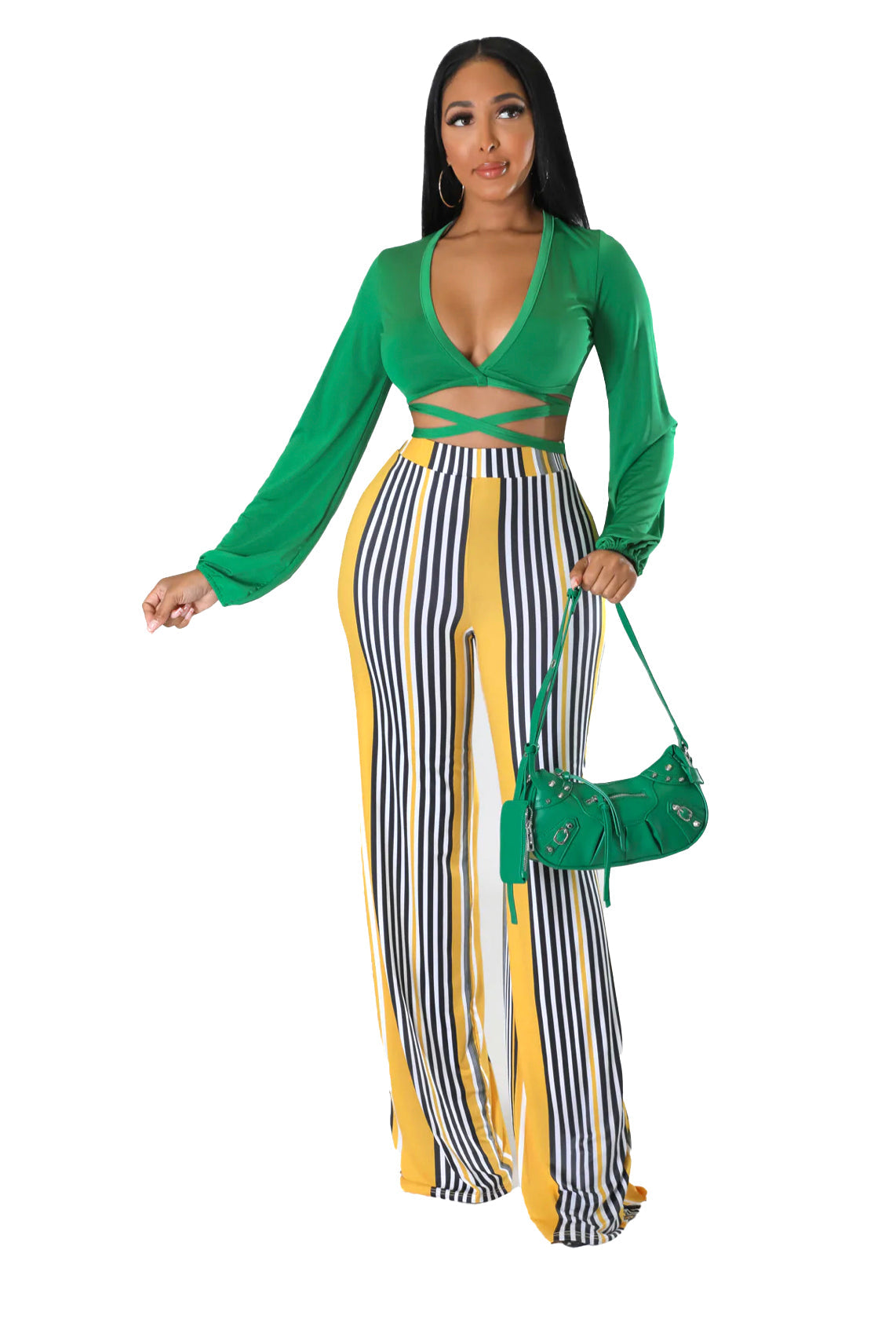 Wrap Crop Top & Striped Wide-Leg Pants Set