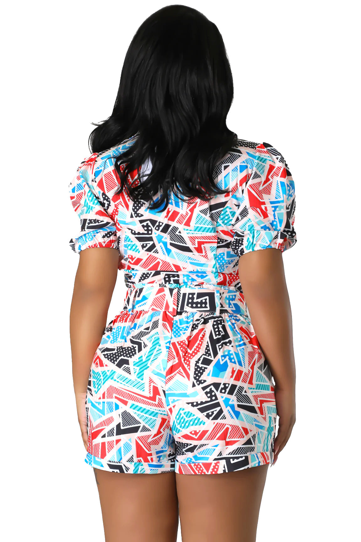 Abstract Print Collared Button-Up Crop Top & Shorts Set with Belt