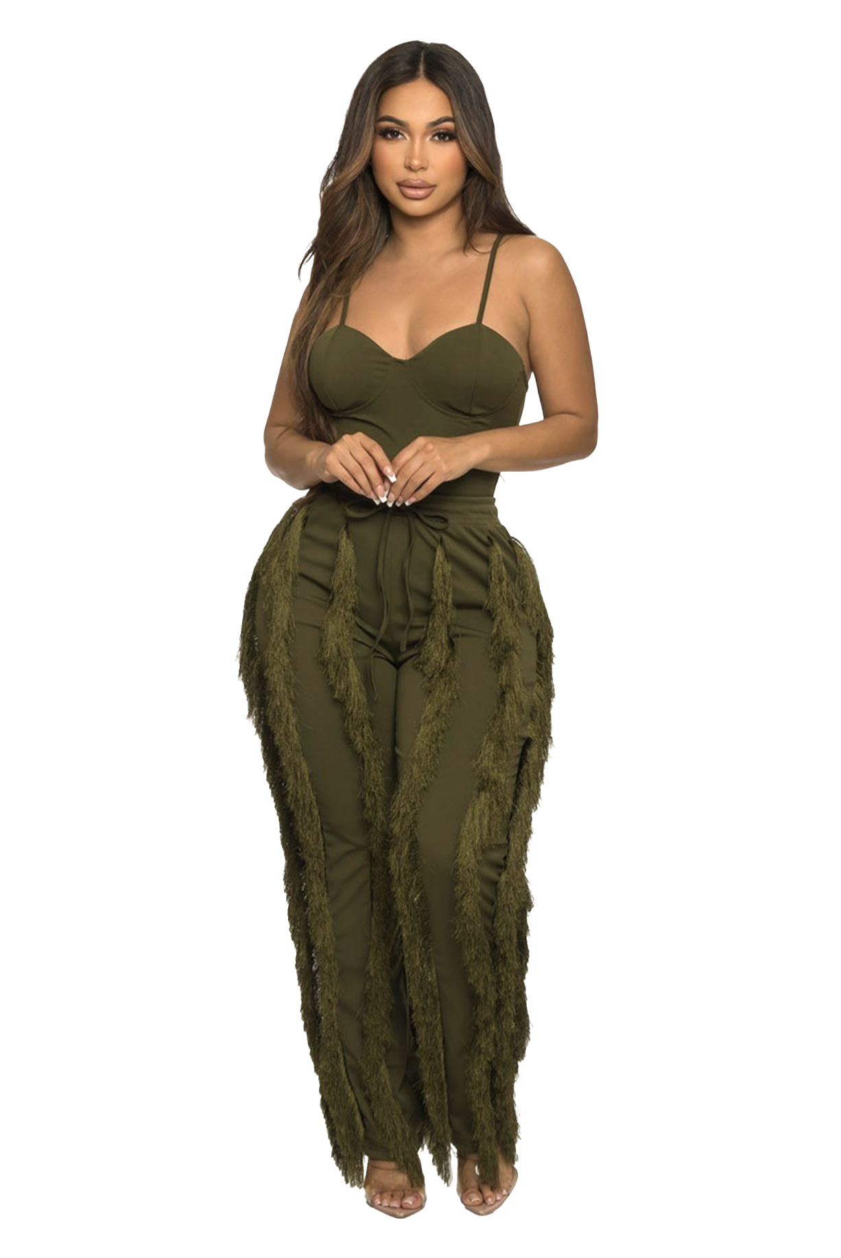 Sweetheart Bodysuit & Diagonal Fringe Wide-Leg Pants Set – Khaki