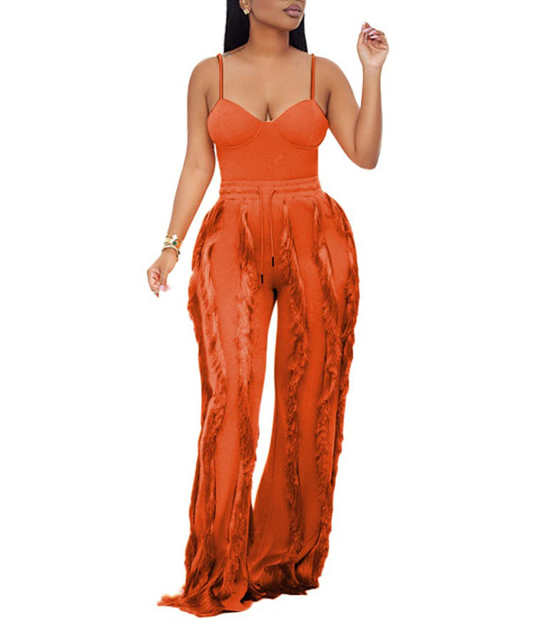 Sweetheart Bodysuit & Diagonal Fringe Wide-Leg Pants Set – Khaki