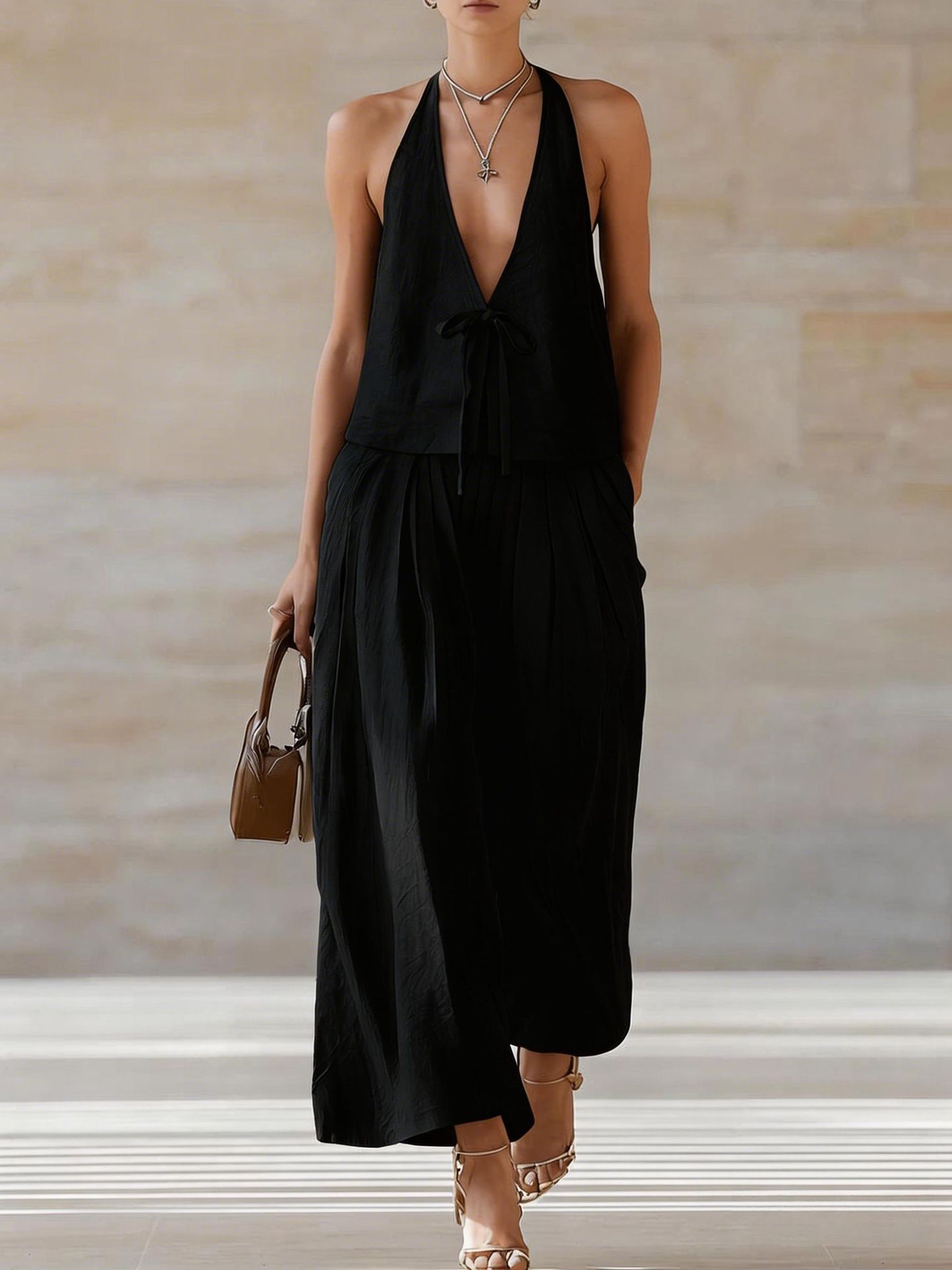 Lace-Up Halter Vest & Wide-Leg Pants Set | 2-Piece Deep V Sleeveless