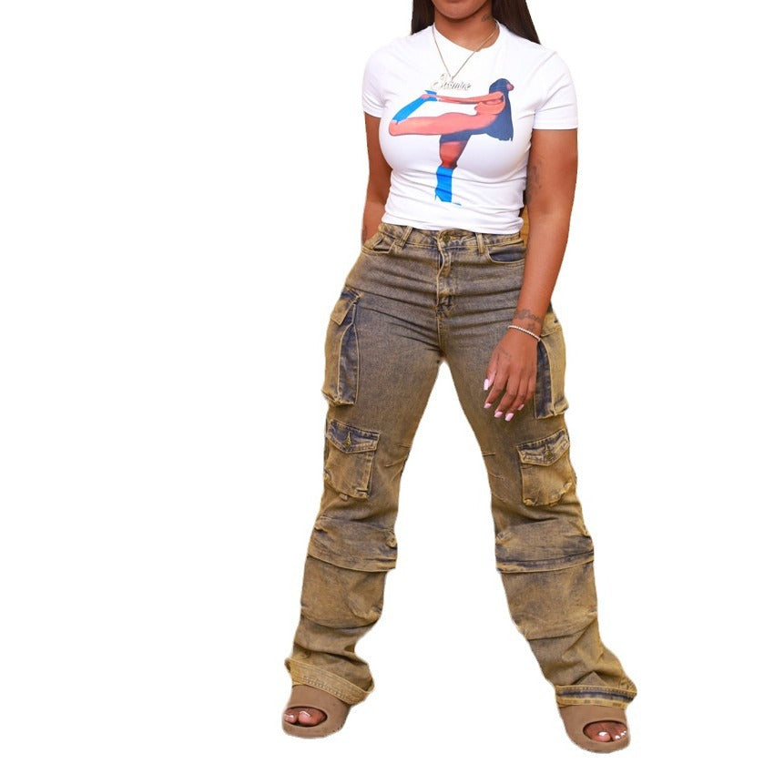 Distressed Washed Denim Cargo Jeans | Multi-Pocket Wide Leg