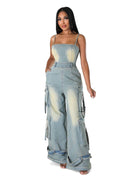 Dirty Wash Cargo Denim Jumpsuit