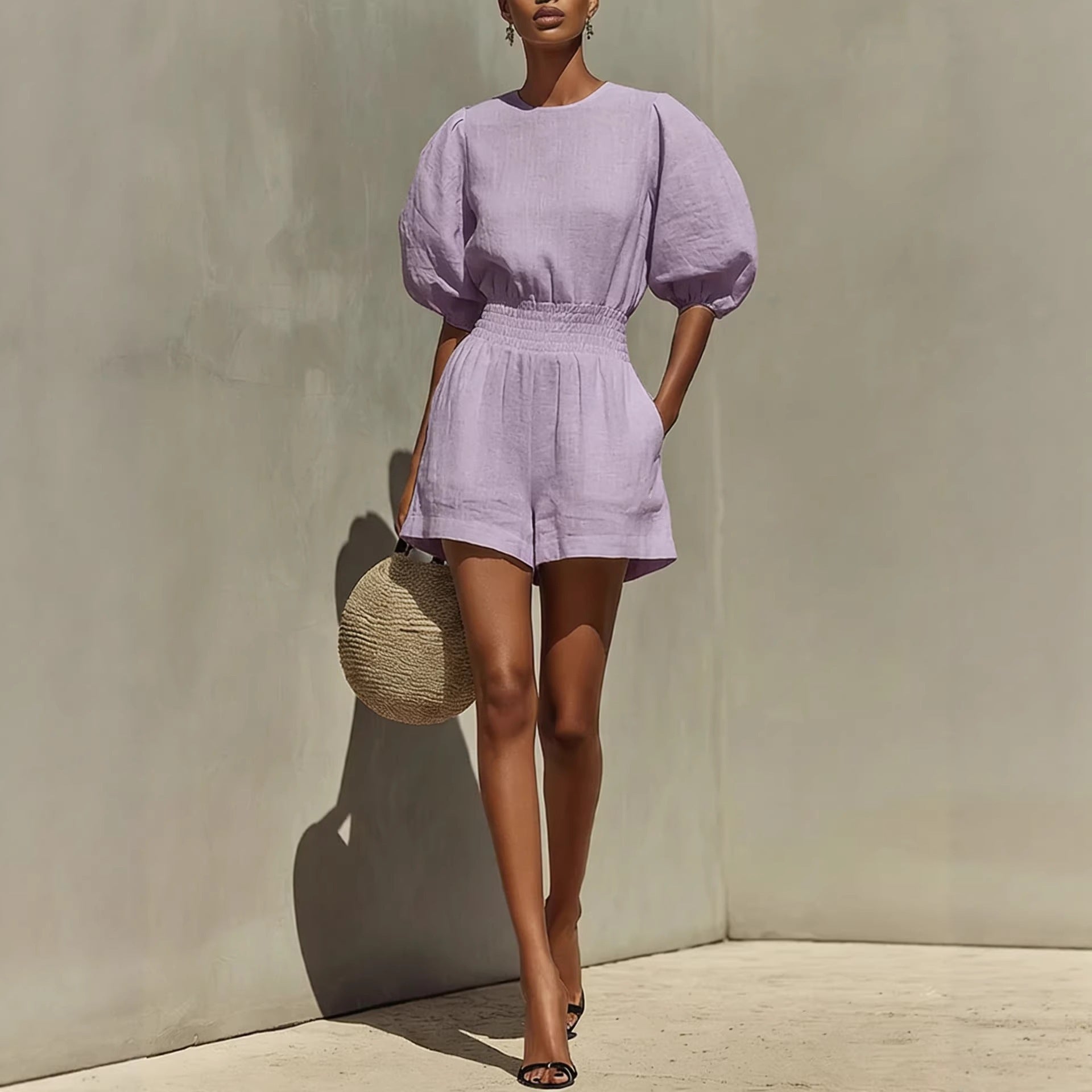 Balloon Puff Sleeve Top & High-Waist Shorts Set | Crew Neck 2-Piece