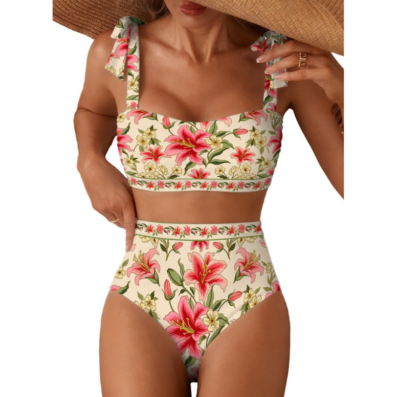 Tie-Shoulder High-Waisted Bikini Set | Women's Two-Piece Swimsuit